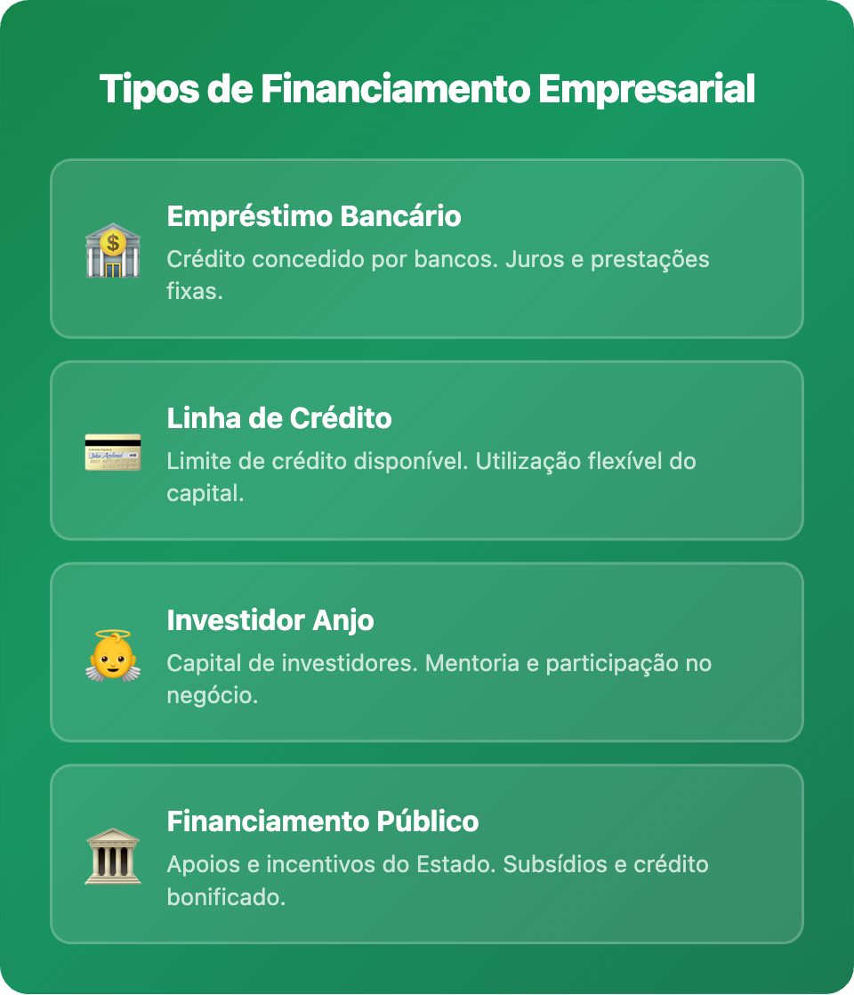 Infográfico com os quatro tipos de financiamento empresarial: empréstimo bancário, linha de crédito, investidor anjo e financiamento público